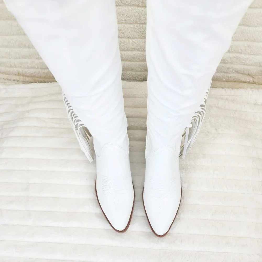 Wild One White Fringe Cowboy Cowgirl Boots Plus Plus size Friendly - Picture 6 of 13